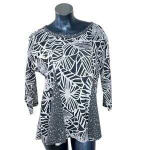 CUBISM Los Angeles Abstract Grey White 3/4 Sheer Sleeve Top Women's XL